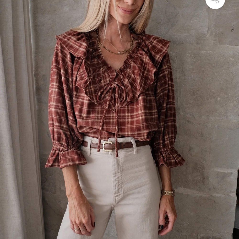 Plaid Ruffle Collar Women's Top in Red